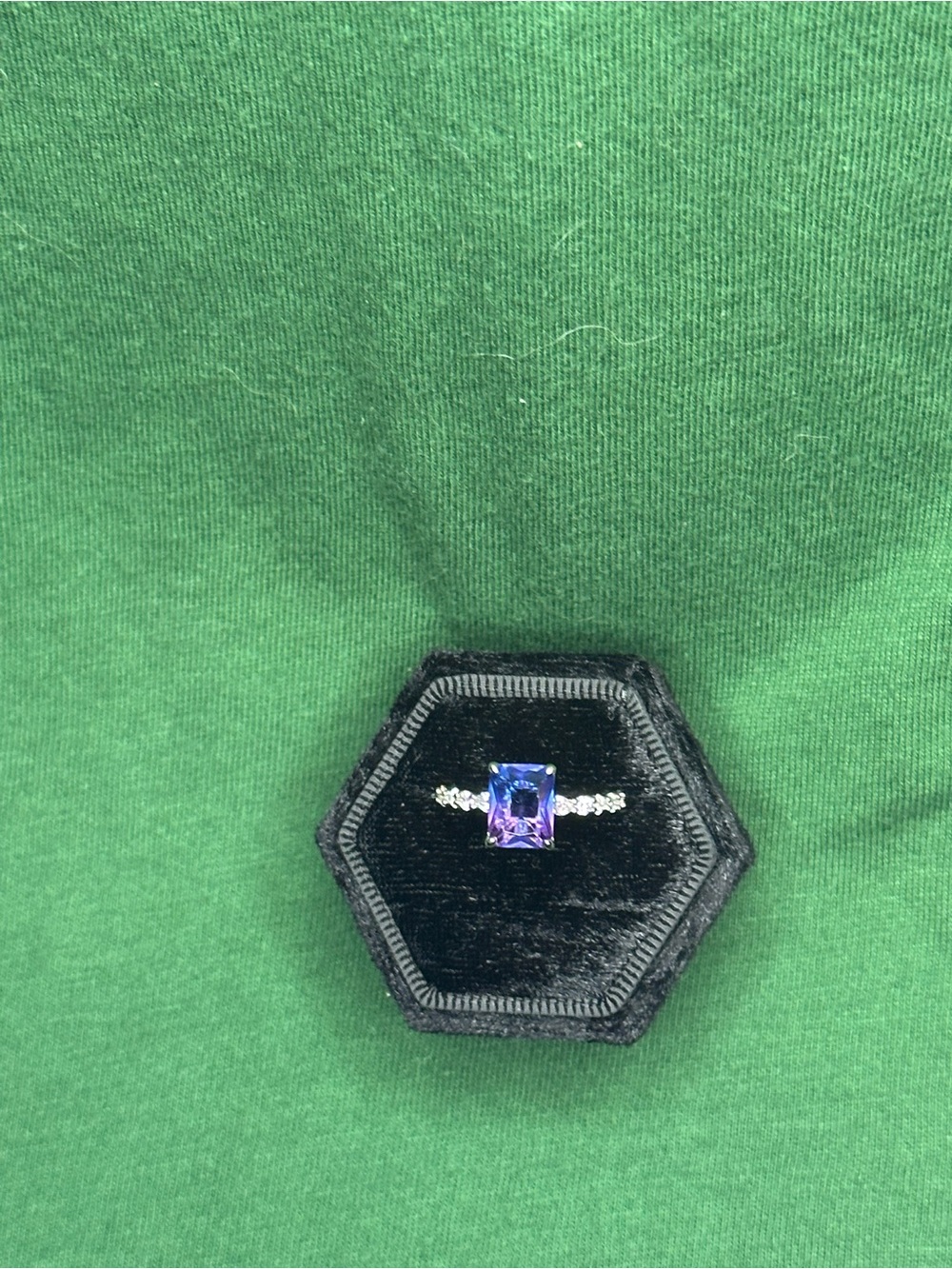 Radiant Purple Emerald-Cut Gemstone Ring with Pavé Accented Band